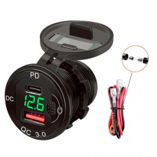 Автомобільне зарядне USB QC3.0 18 Вт Type-C PD вольметр 12-24В врізний